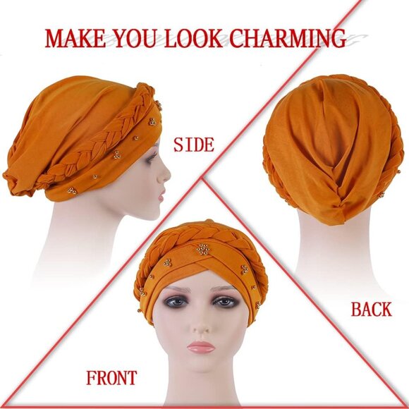 African Women Turban Cap Twisted Beaded Braid Head Wraps Pre-Tied Chemo Headscar - Picture 5 of 9